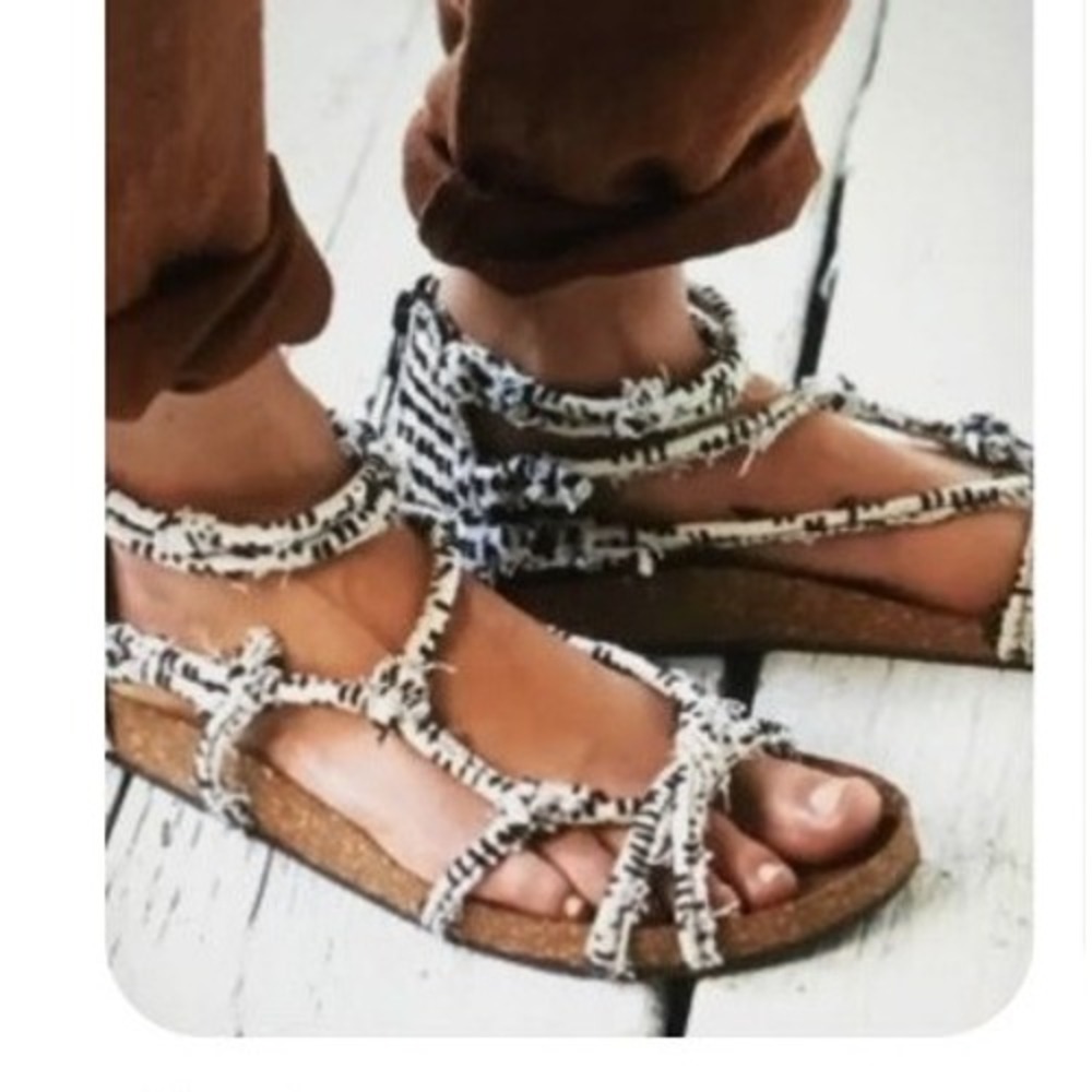 Free People Redlands Women SZ 39/ 8.5 Black and White Rope Strappy Cork Sandals